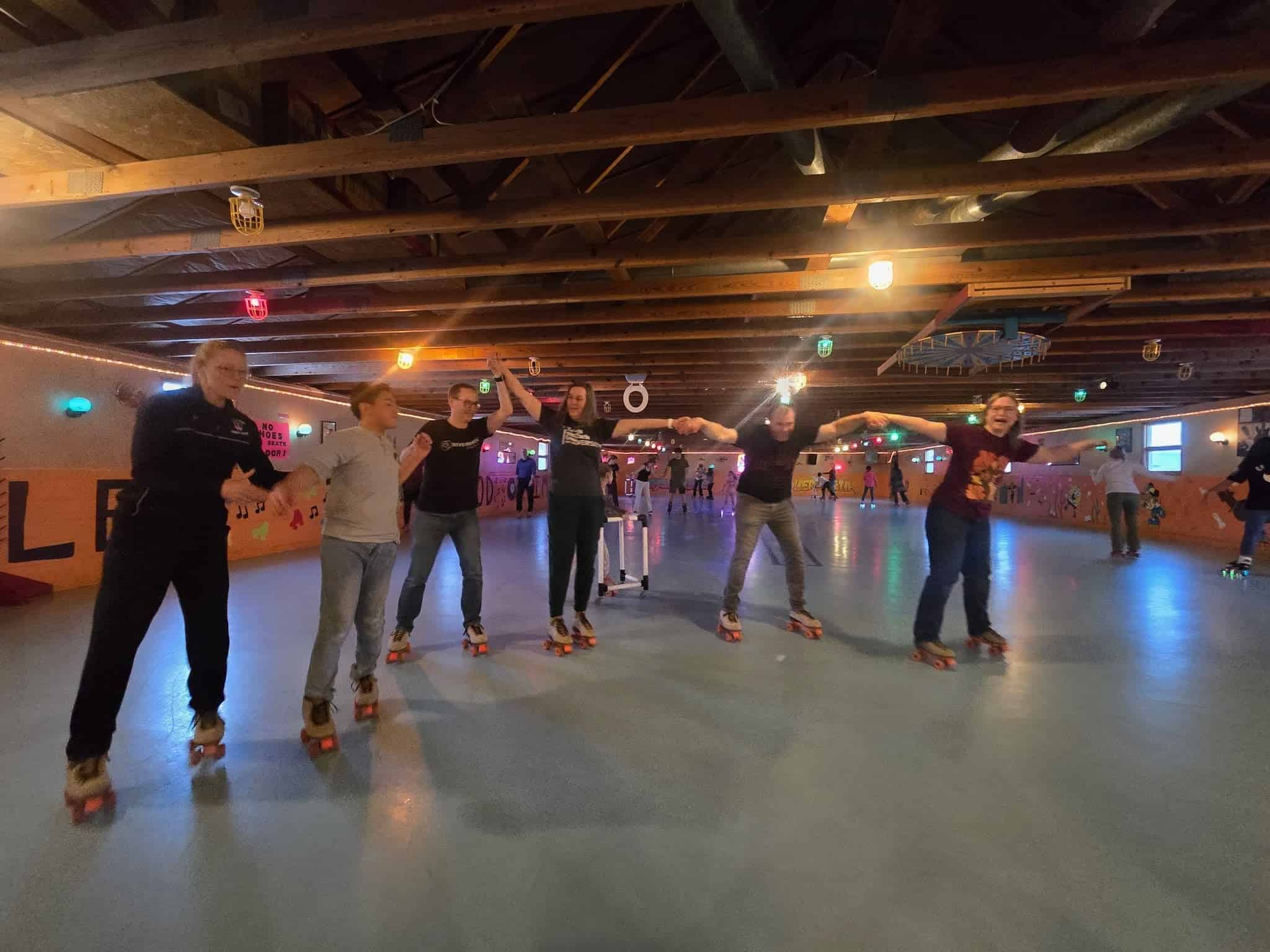 Riverwood Church members roller skating together in Waverly, Iowa